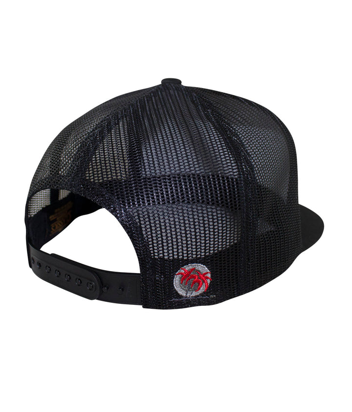 Back view of the Tower Patch Trucker Hat featuring a classic palm logo on black mesh.