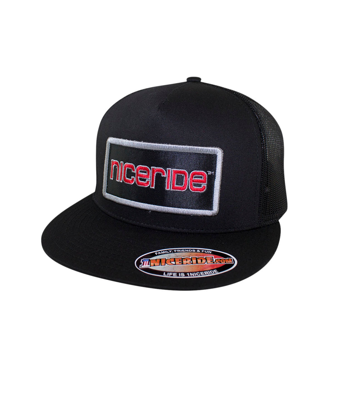 Tower Patch Trucker Hat by NICERIDE featuring a black design and embroidered logo on the front, perfect for casual wear.