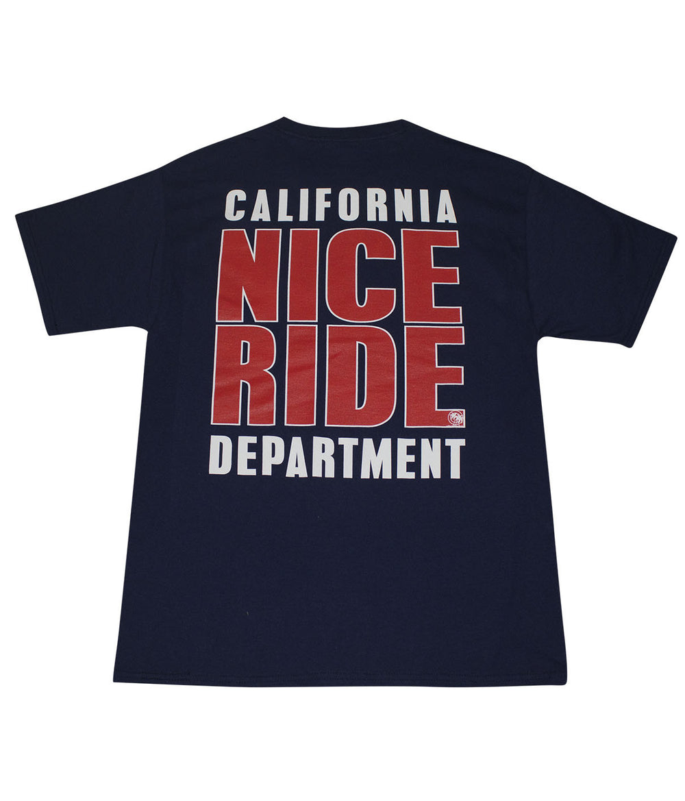 Blue Hanes men's shirt featuring 'CALIFORNIA NICE RIDE DEPARTMENT' graphic design on the back.