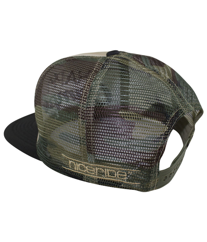 Back view of a Happy Camper camo foam trucker hat with NICERIDE embroidery, a stylish hat for outdoor enthusiasts.