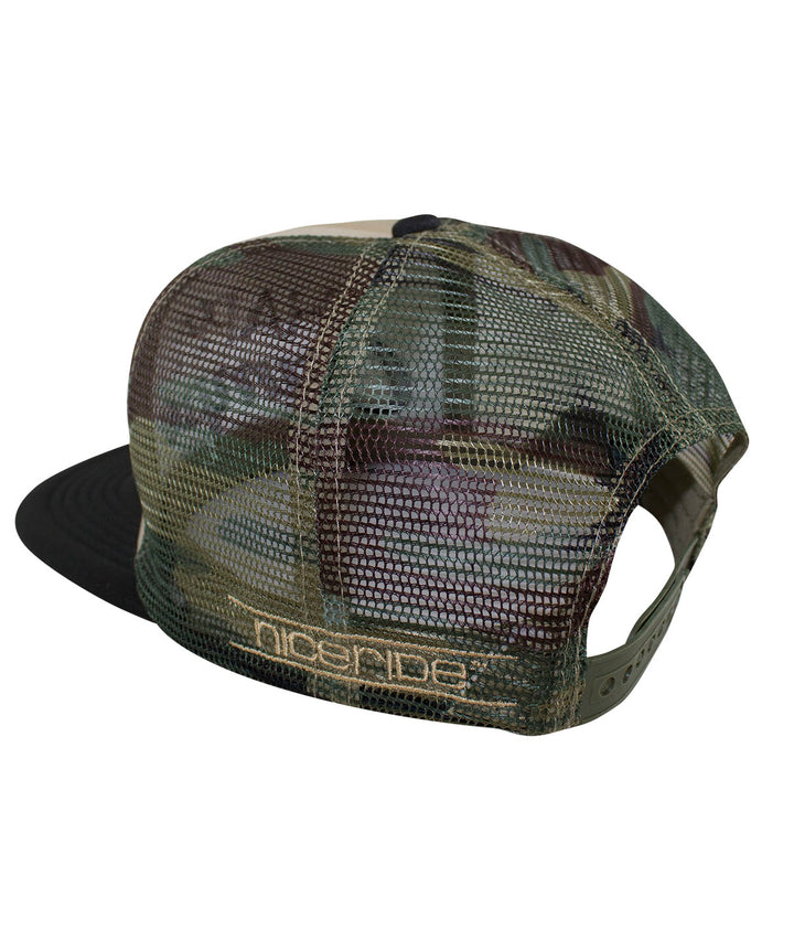Camo Foam Trucker Hat with NICERIDE embroidery view from the back, perfect for Sunday Funday.