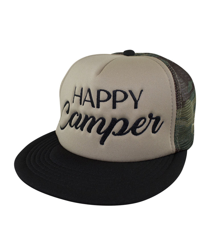 Happy Camper Camo Foam Trucker Hat with embroidered text on the front, perfect for outdoor enthusiasts. Hat.