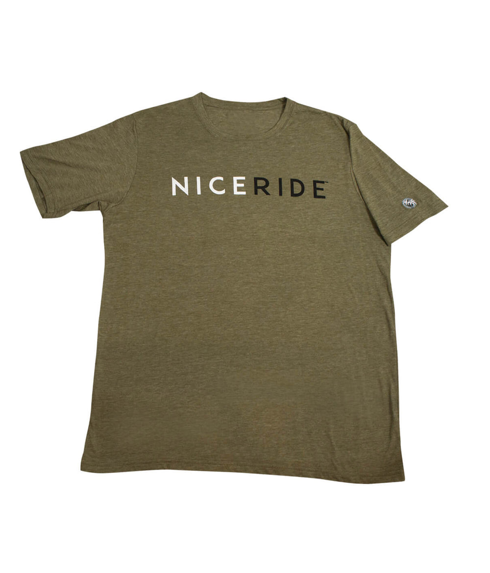 Essential - Men's Cotton Blend Next Level Short Sleeve T-Shirt in olive green with NICERIDE logo.