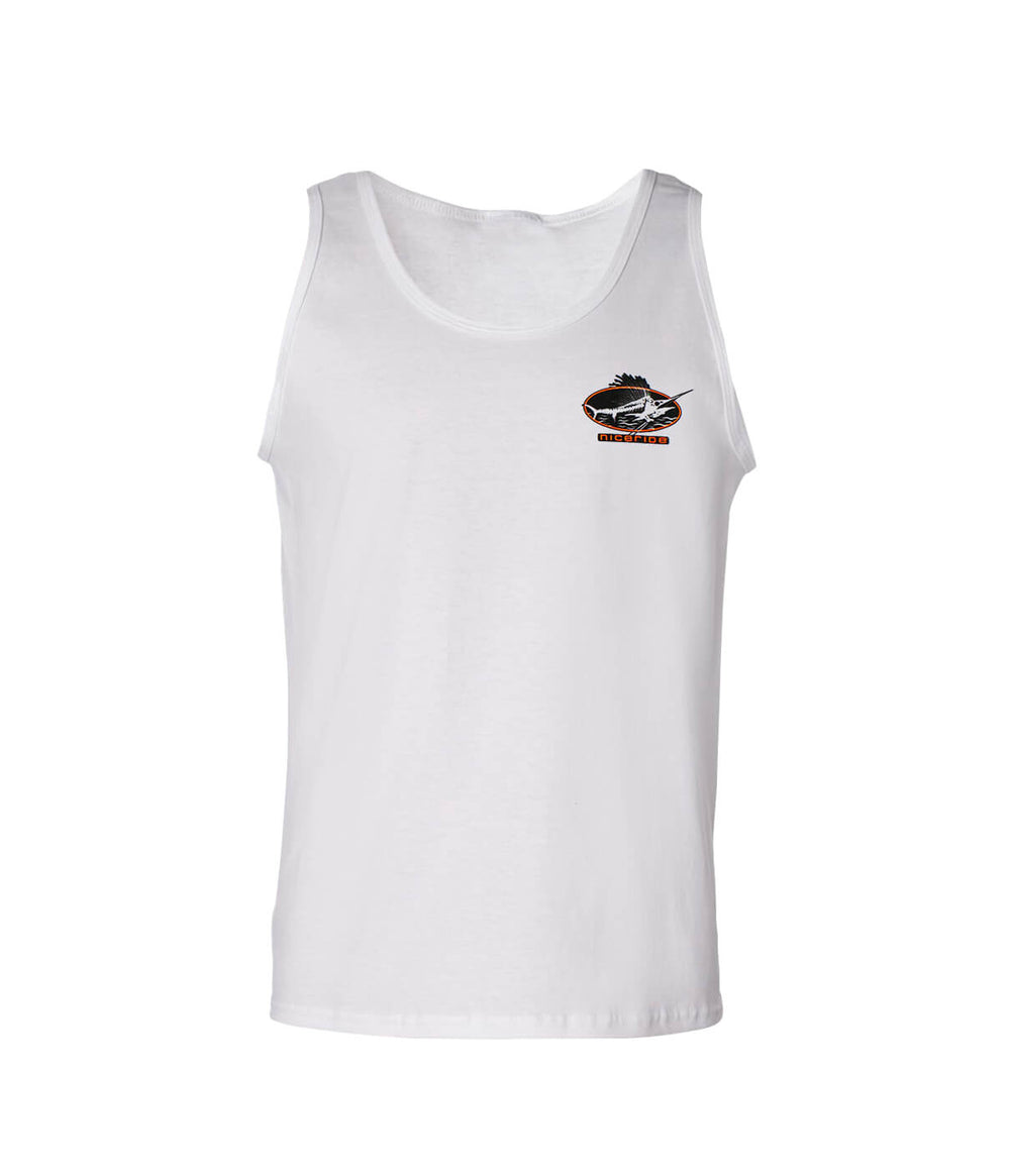 Last Hook Up white tank top for men with logo, perfect for outdoor and fishing enthusiasts.