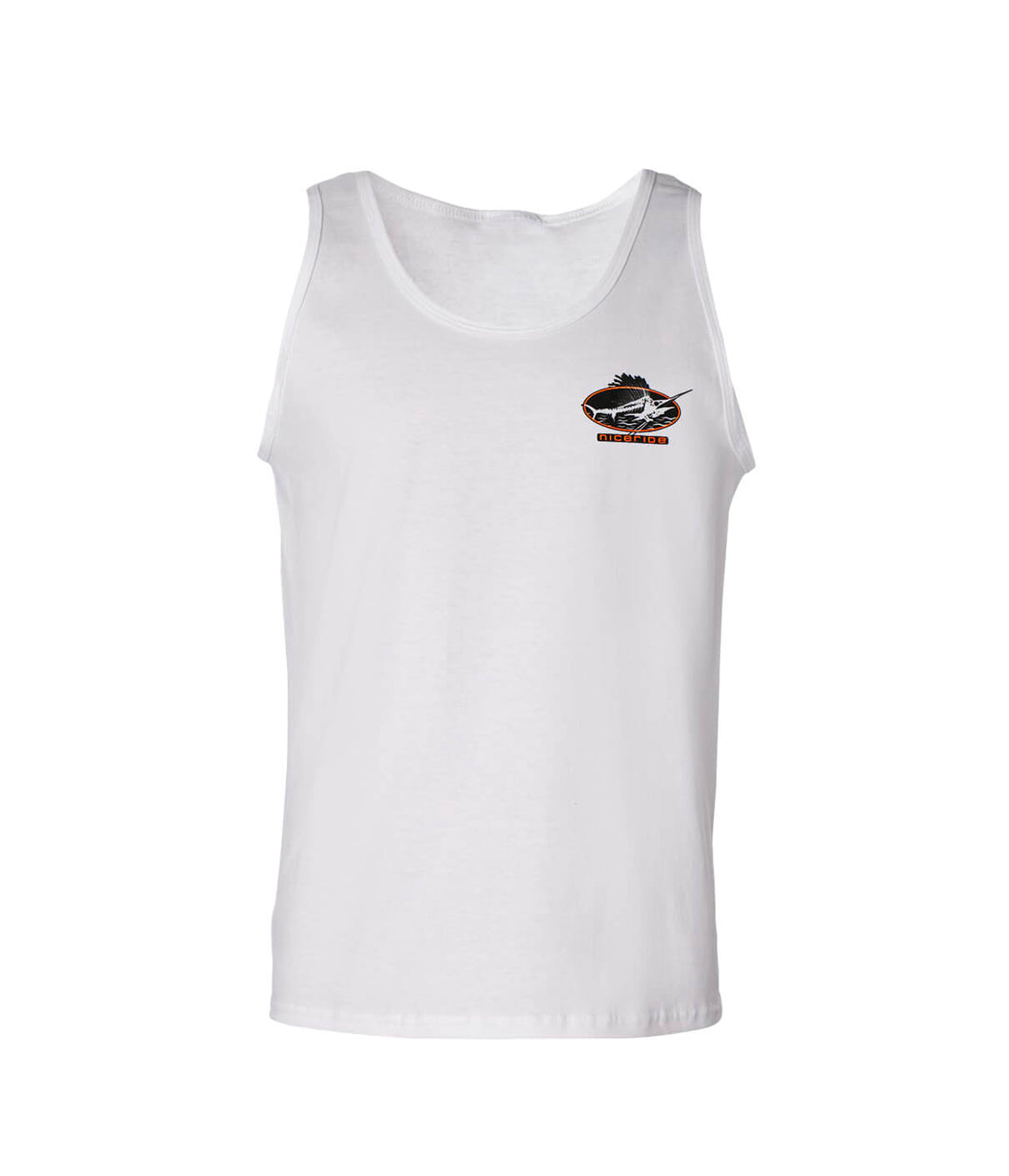 Last Hook Up white tank top for men with logo, perfect for outdoor and fishing enthusiasts.