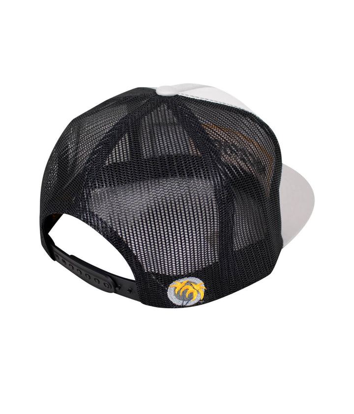 Back view of the Dozer trucker hat showcasing the embroidered palm logo on a black mesh design.
