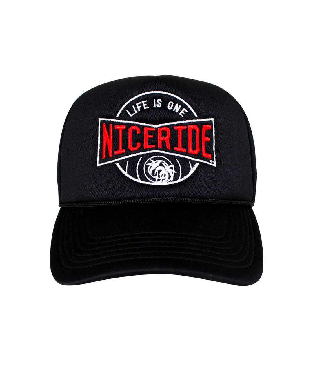 Black Foam Trucker Hat featuring NICERIDE logo, designed and embroidered in the USA, perfect hat for casual wear.