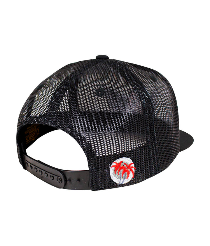 Back view of an "Angel" Flatbill Foam Trucker Hat showcasing the black mesh design and embroidered palm logo.