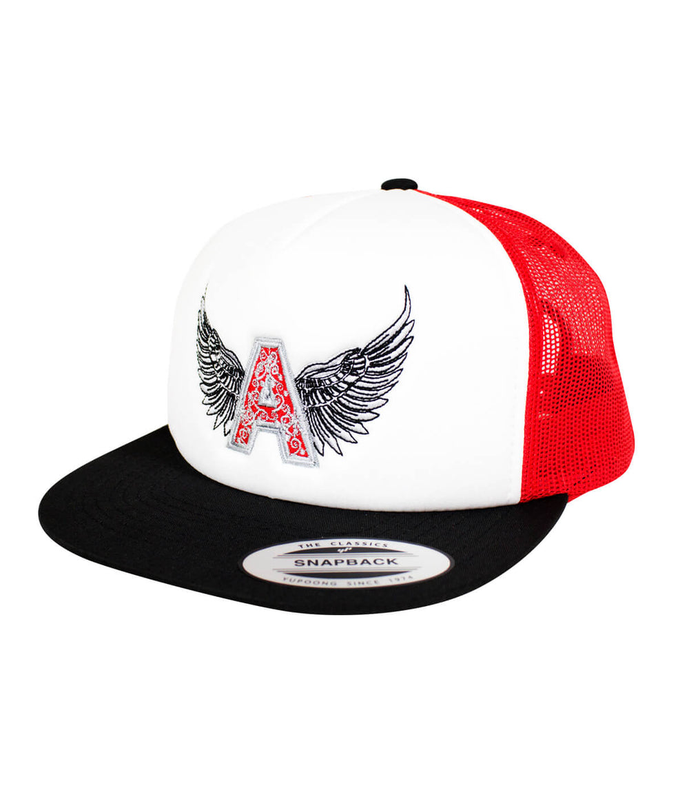 Angel Flatbill Foam Trucker Hat with wings design and classic palm logo, stylish hat for casual wear.