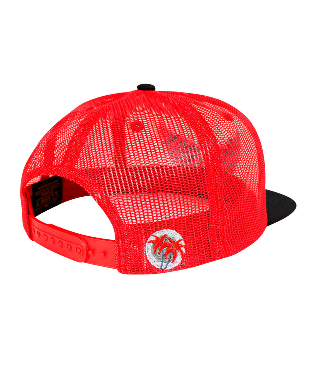 Back view of the "Angel" Flatbill Foam Trucker Hat showing red mesh and embroidered palm logo.