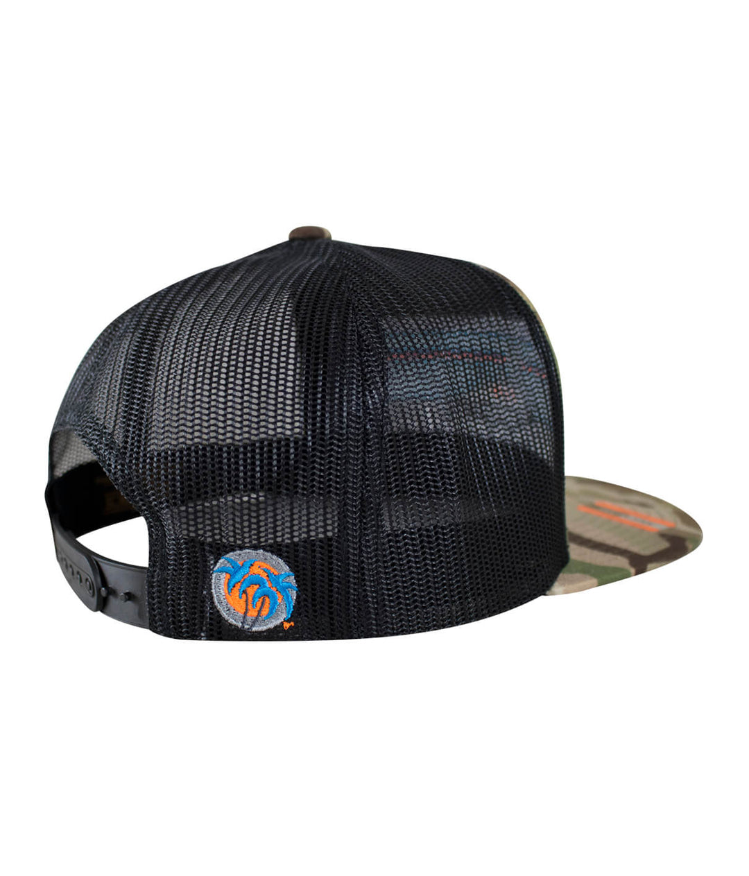 Back view of the Buck-Eye Explorer Horizon unisex snapback trucker hat showcasing its mesh design and camo brim.