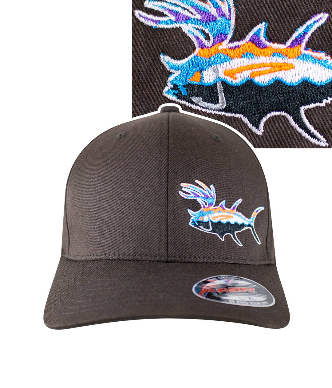 A brown baseball cap with a fish logo on it.