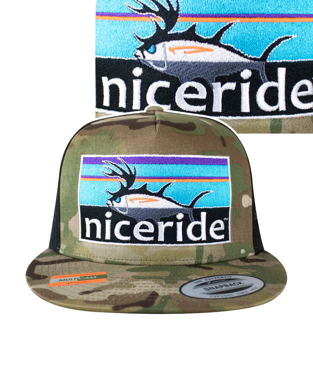 Buck-Eye Explorer Horizon unisex snapback trucker hat with camo design and 'niceride' embroidered graphic.