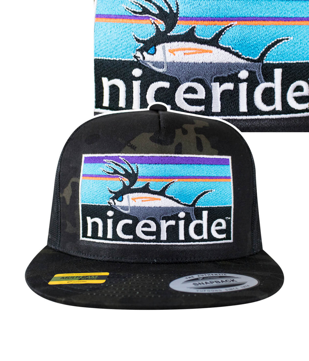 Niceride Buck-Eye Explorer Horizon Unisex Snapback Trucker Hat with embroidered fish graphic and camo design.