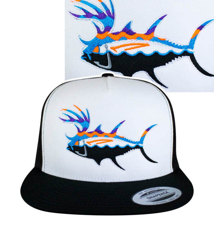 Buck-Eye Explorer unisex snapback trucker hat featuring colorful fish embroidery.
