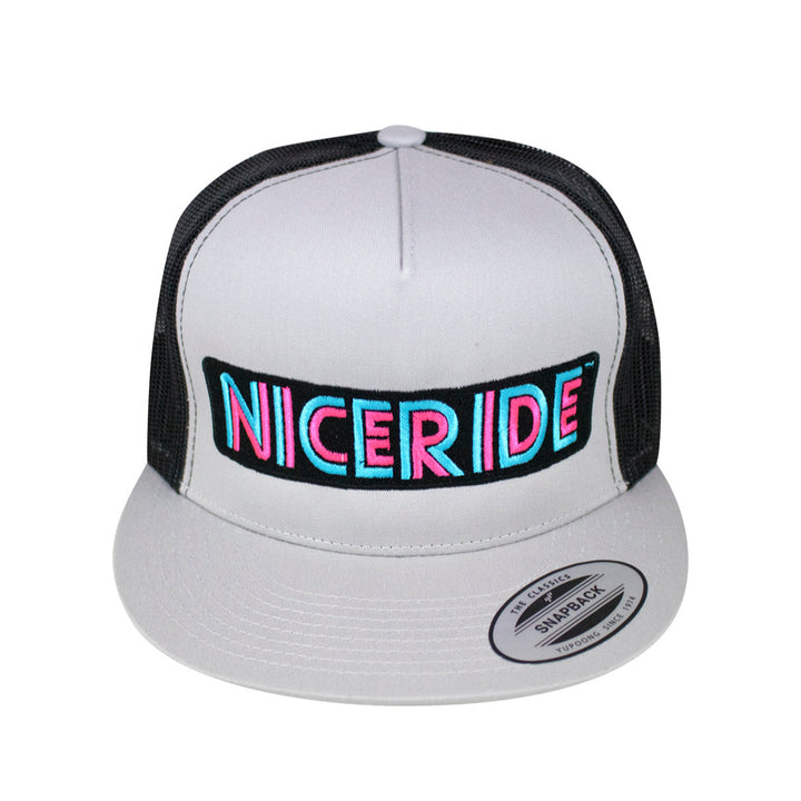 Disco trucker hat featuring NICERIDE design embroidered on front, ideal hat for stylish outdoor wear.
