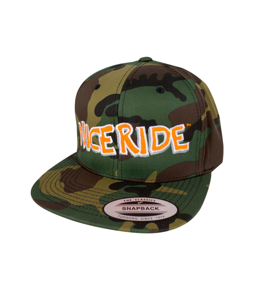 Camo snapback hat featuring NICERIDE logo in orange, designed and embroidered in the USA.