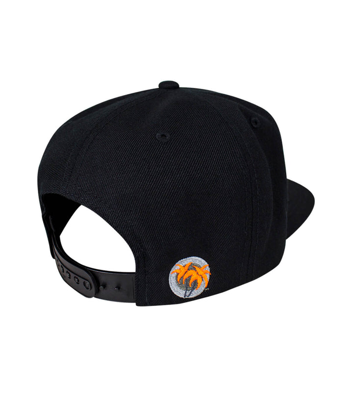 Back view of the Bed Rock Snapback hat showcasing black color and embroidered palm logo.
