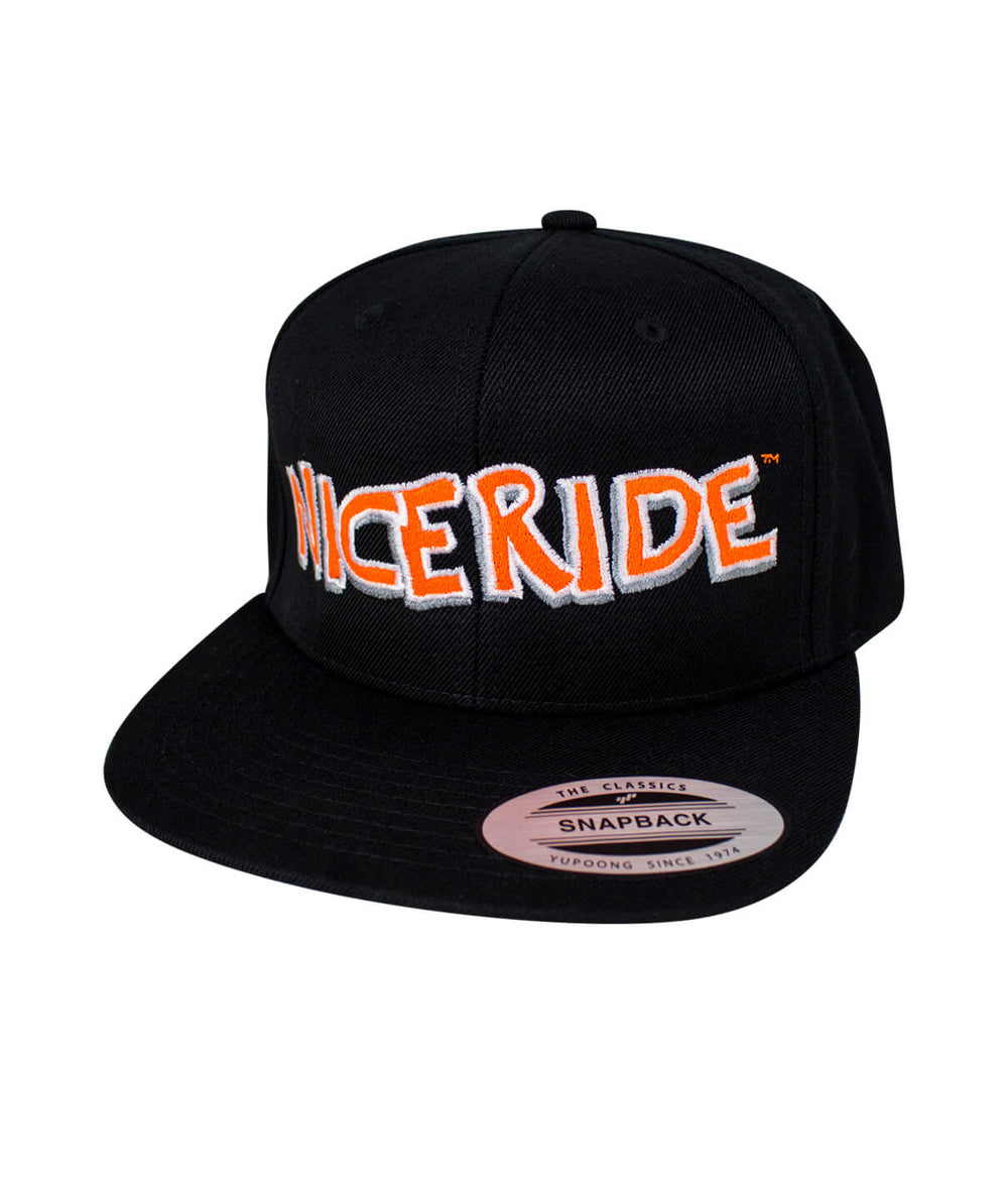 NICERIDE Bed Rock snapback hat with embroidered logo in front, classic black color, perfect accessory for any outfit.