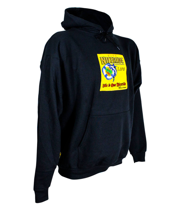 Black unisex hoodie featuring a colorful front design and a comfortable fit, perfect for everyday wear.