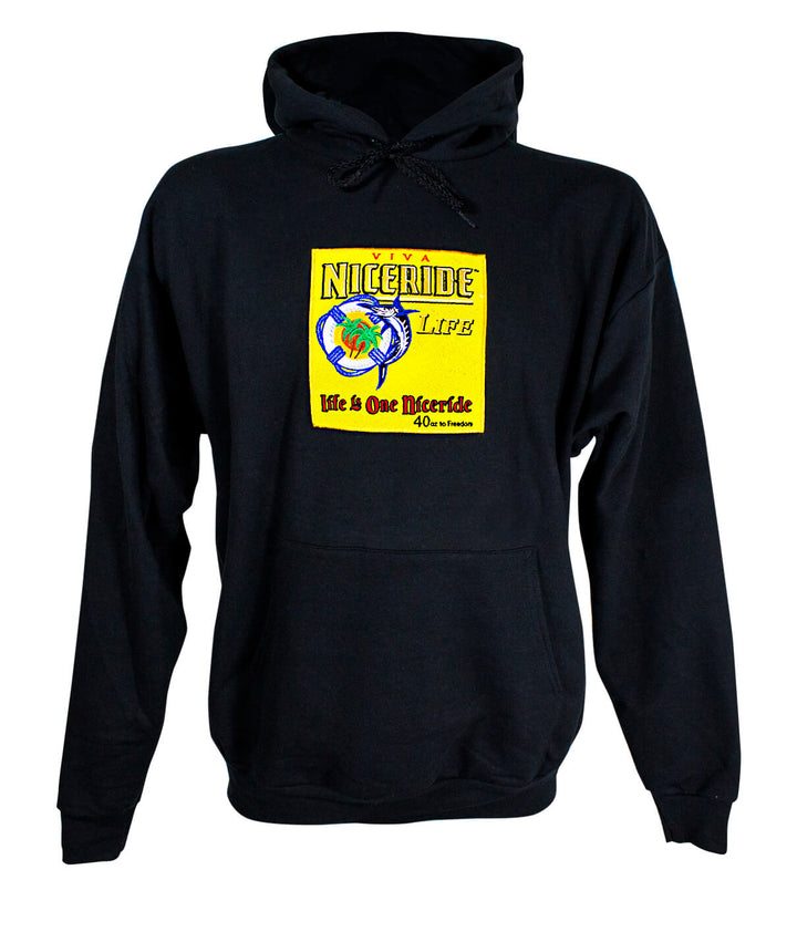 Viva NICERIDE black pullover hoodie with embroidered design and front pocket, perfect for everyday casual wear.