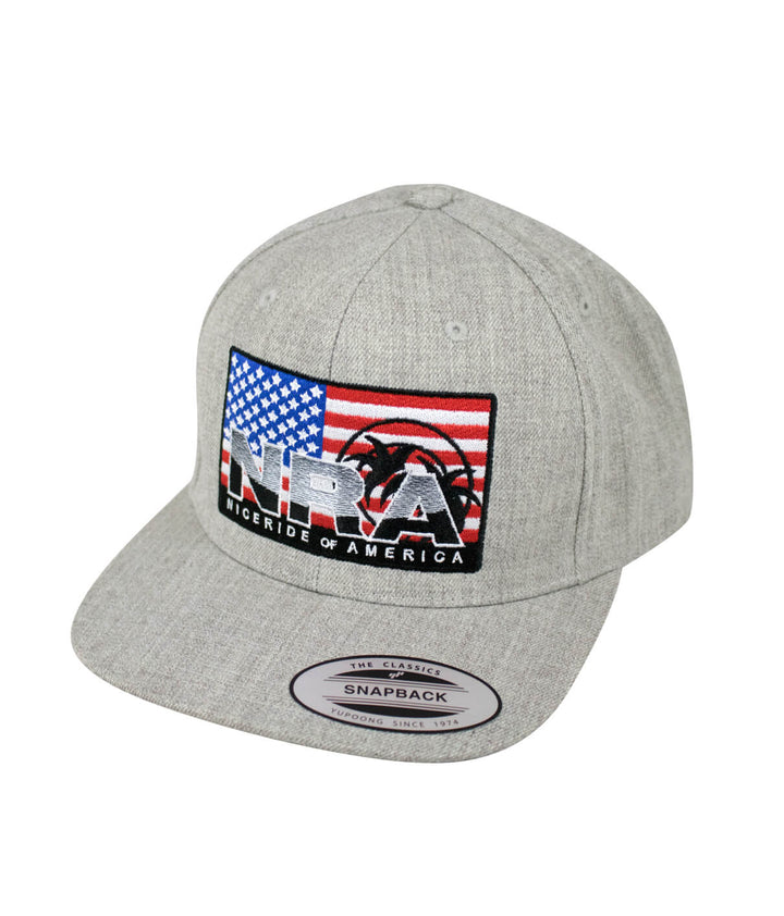NRA Flatbill Snapback Hat featuring American flag design and embroidery, stylish hat for casual wear.