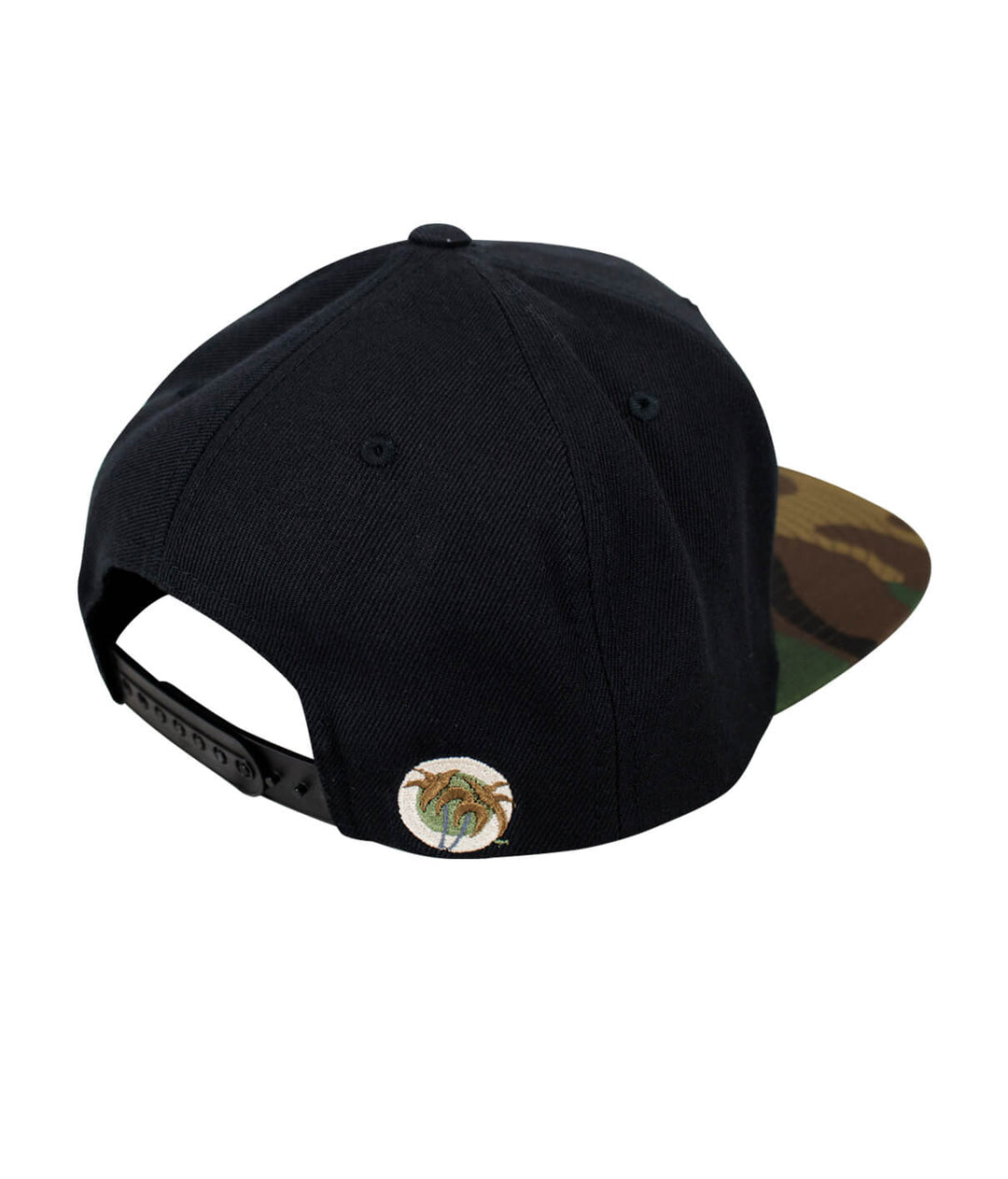 Back view of Interstate 619 snapback hat showcasing black fabric and camouflage brim.