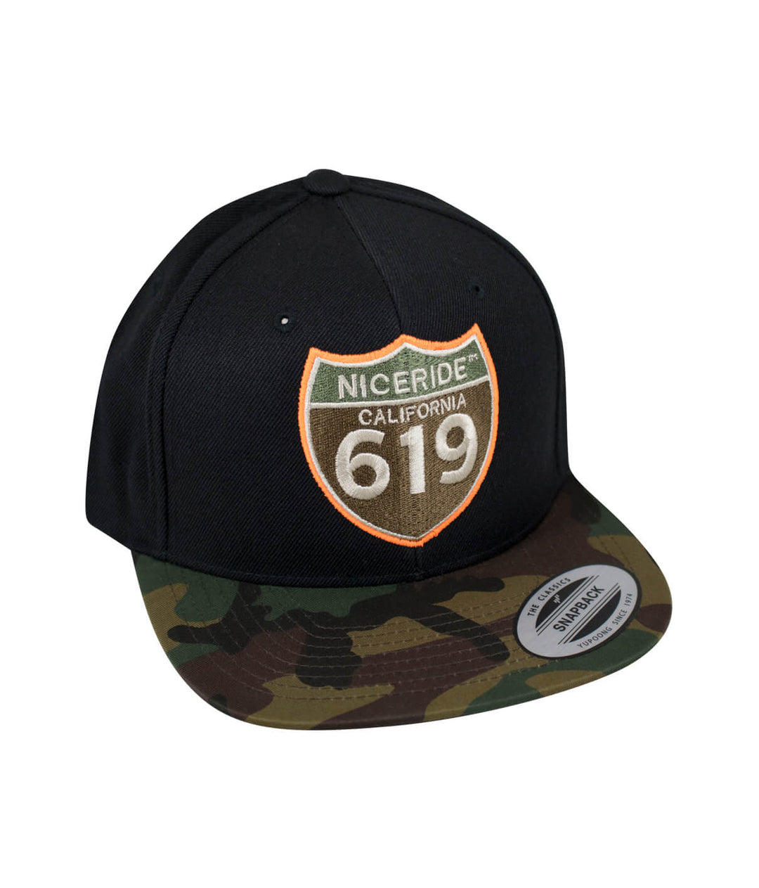 Niceride Interstate 619 hat featuring a black front and camo brim, perfect for stylish casual wear.
