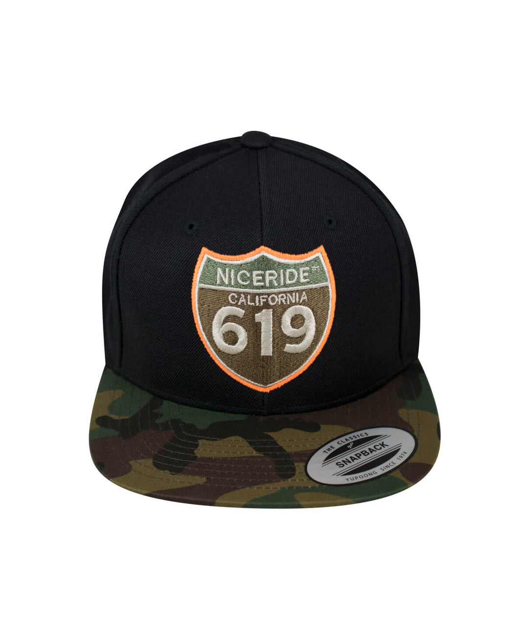 Interstate 619 snapback hat with NICERIDE logo and camo brim design, perfect for casual wear.