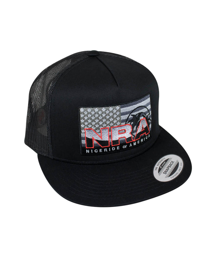 NRA trucker hat featuring embroidered design and mesh sides, perfect for stylish outdoor wear.