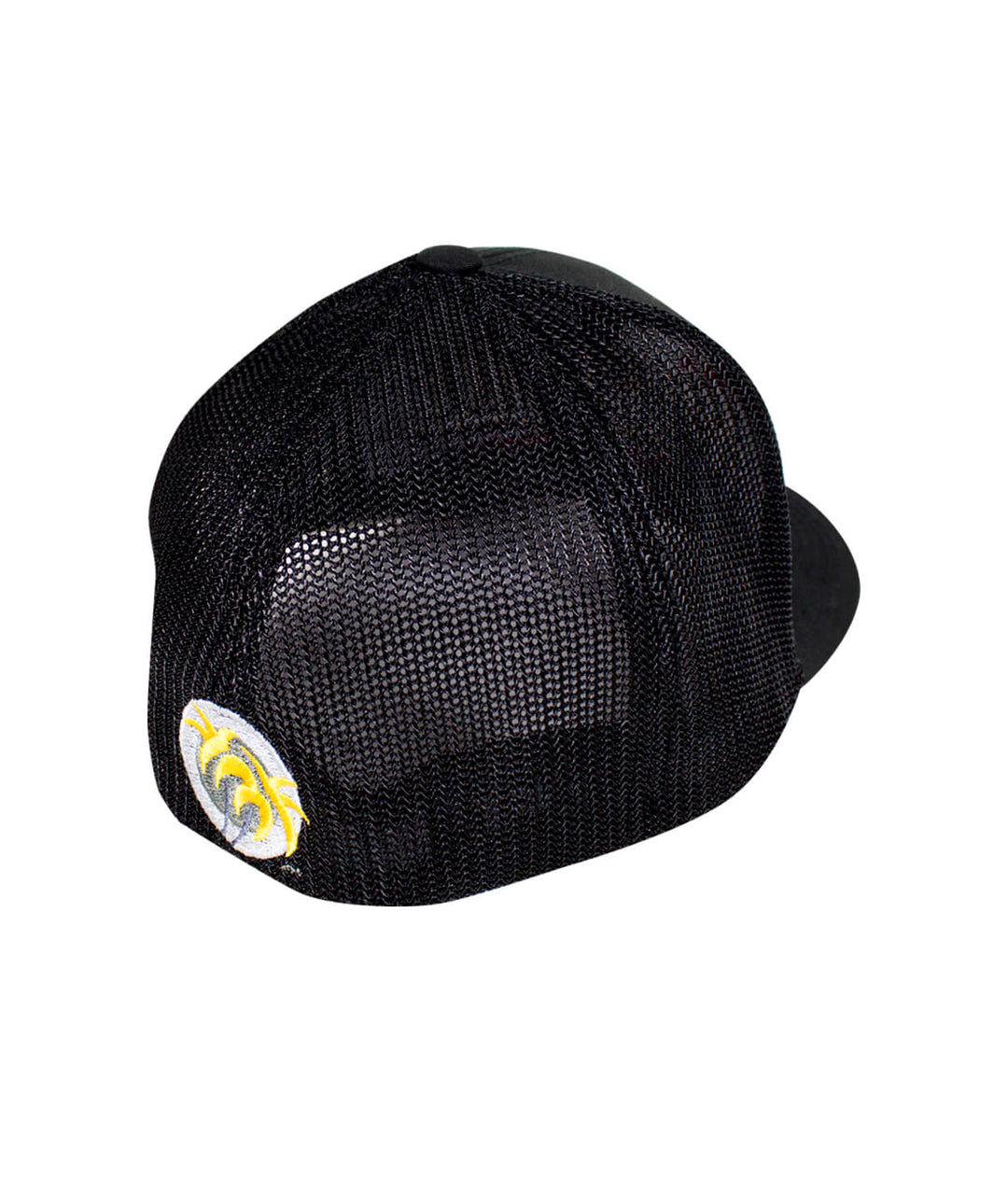 Viva NICERIDE Meshback Flexfit Hat showing black mesh back and yellow palm logo embroidered on the side.