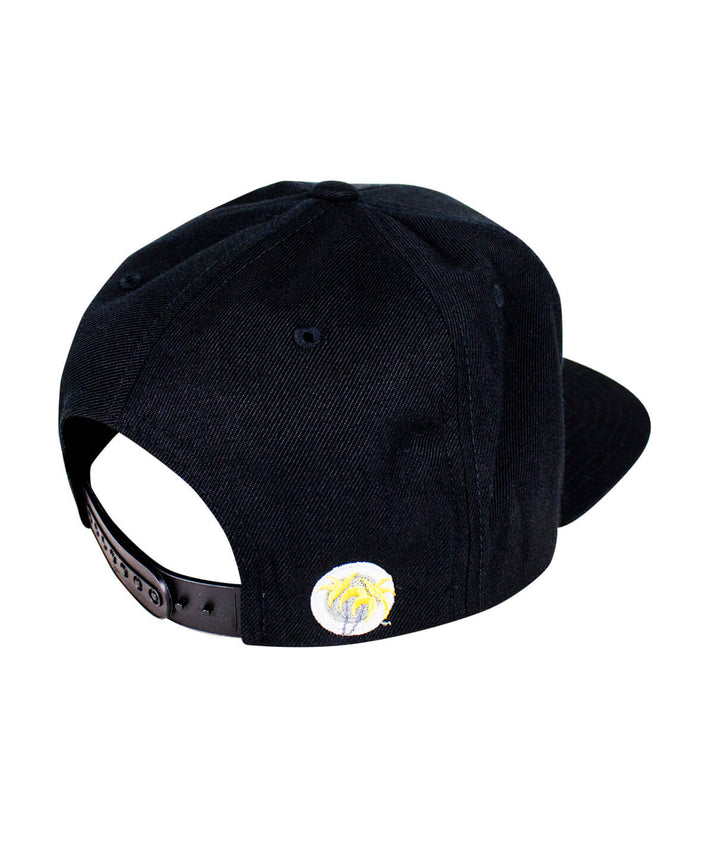 Back view of Viva NICERIDE Snapback hat featuring blacked out palm logo with yellow leaves embroidered.