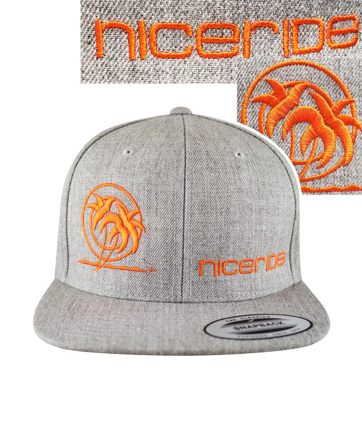 Palm Tower Heather Grey Snapback Hat featuring NICERIDE logo and palm tree embroidery. Perfect style for any hat lover.