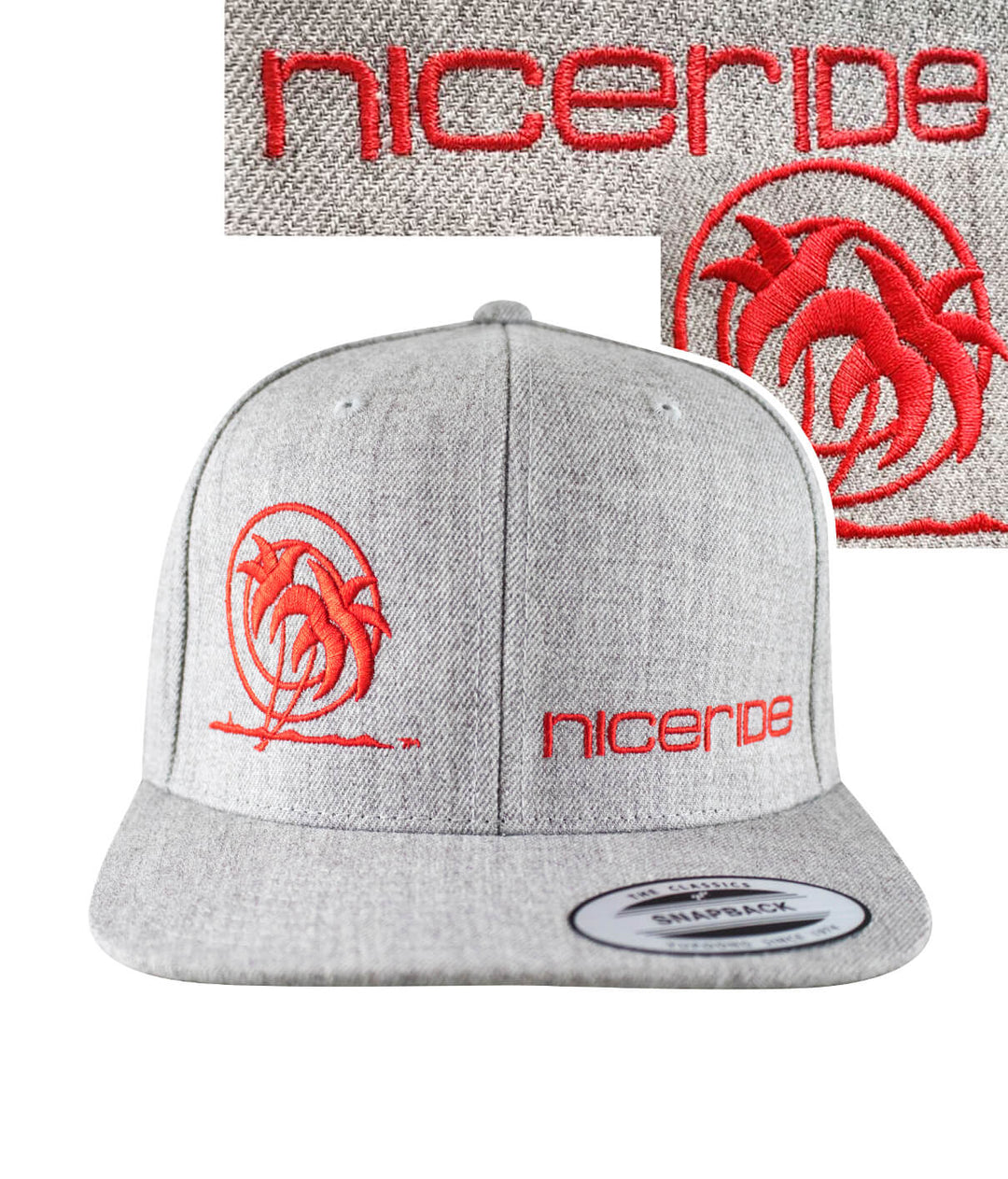 Palm Tower Heather Grey Snapback Hat featuring NICERIDE's palm logo and embroidered text.
