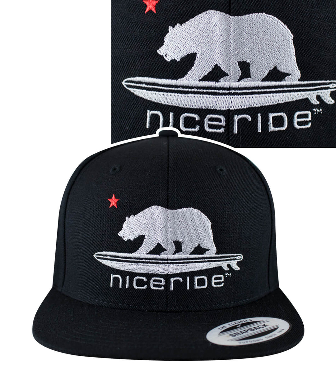 Hang 20 Black Snapback hat with NICERIDE logo and bear design, classic shape, and green undervisor