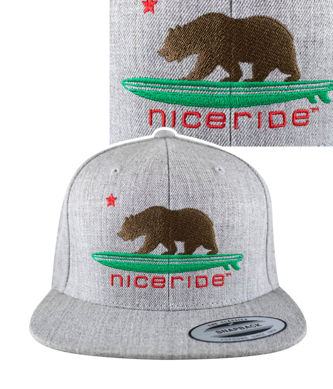 Hang 20 Heather Grey Snapback hat featuring a bear design and NICERIDE logo embroidered on the front.