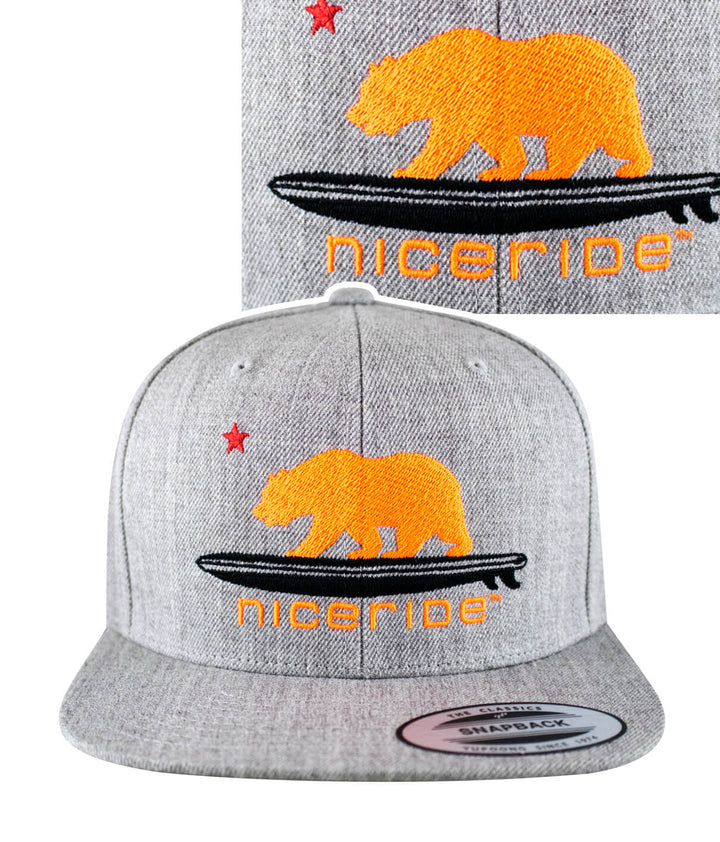 "Hang 20" Heather Grey Snapback hat featuring embroidered bear and palm design from NICERIDE.