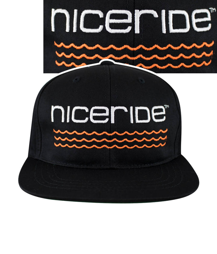 On The Water youth hat featuring NICERIDE logo and orange waves design on a classic snapback cap.