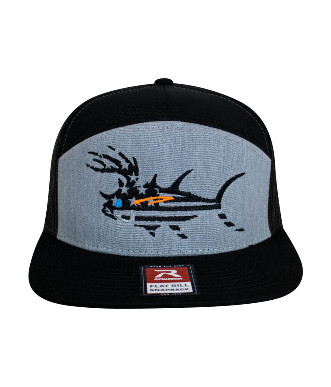 Buck-Eye Faded Glory 7-Panel Trucker Hat featuring fish design and flat bill for fishing enthusiasts.