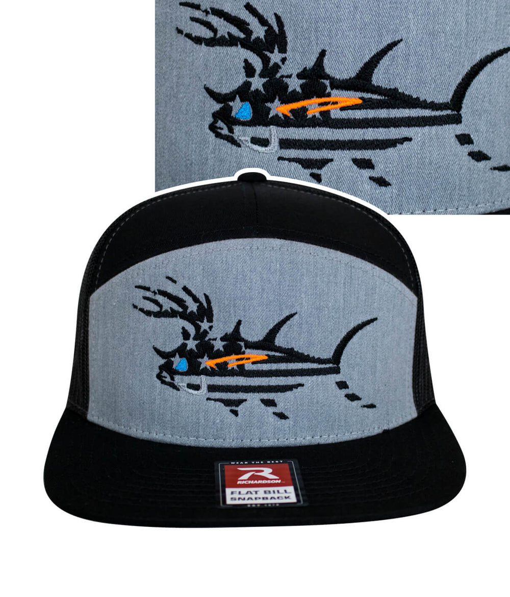 Front view of a Buck-Eye Faded Glory 7-panel trucker hat featuring an embroidered fish design.