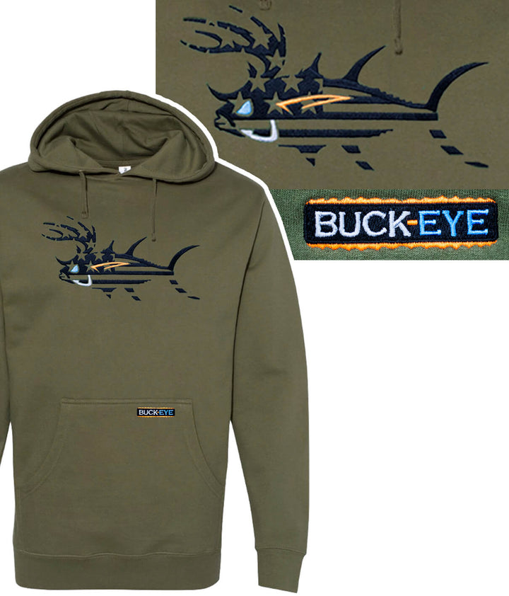A green pullover hoodie with a fish embroidered on it.