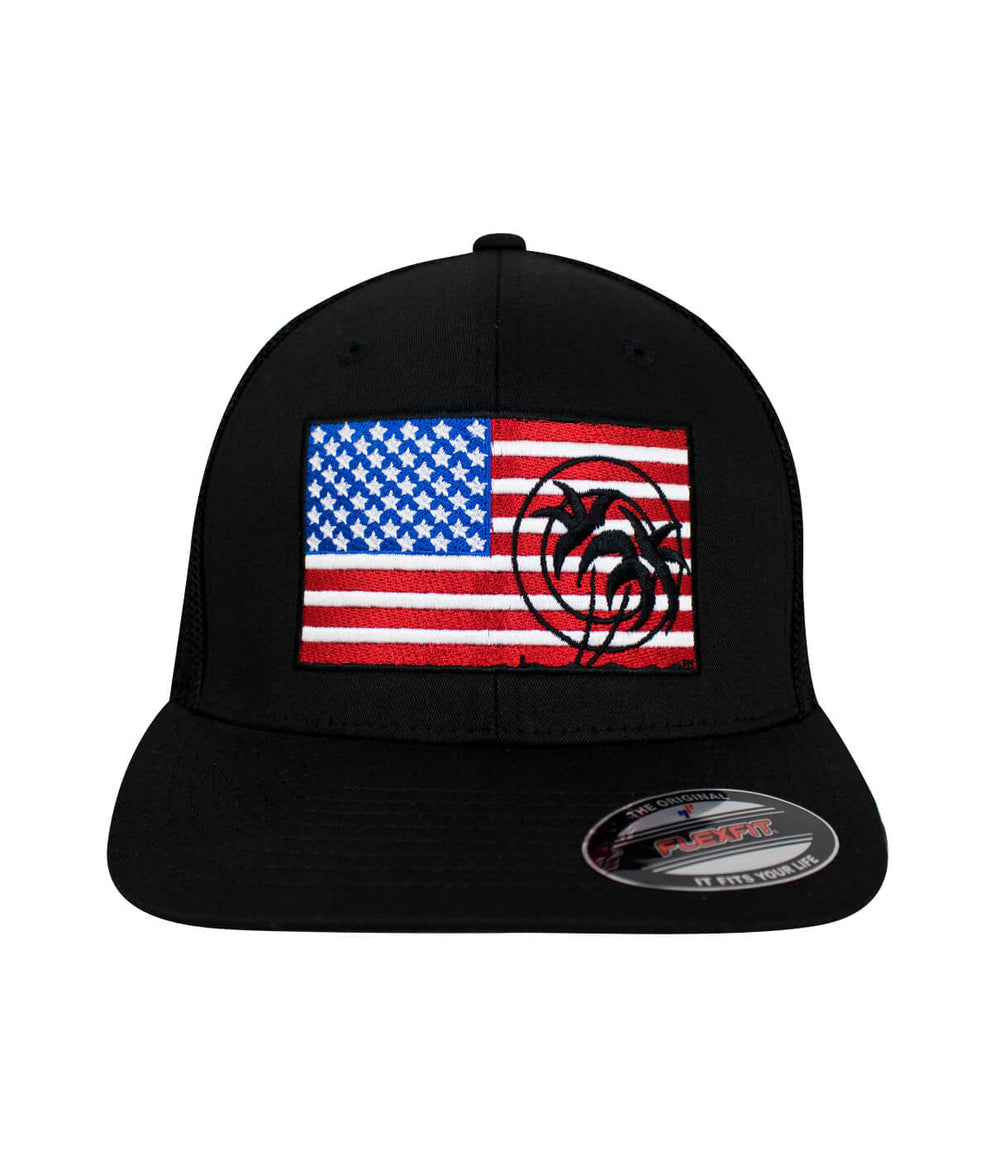 Pride Meshback Flexfit Hat featuring American flag and NICERIDE logo, one size fits most.