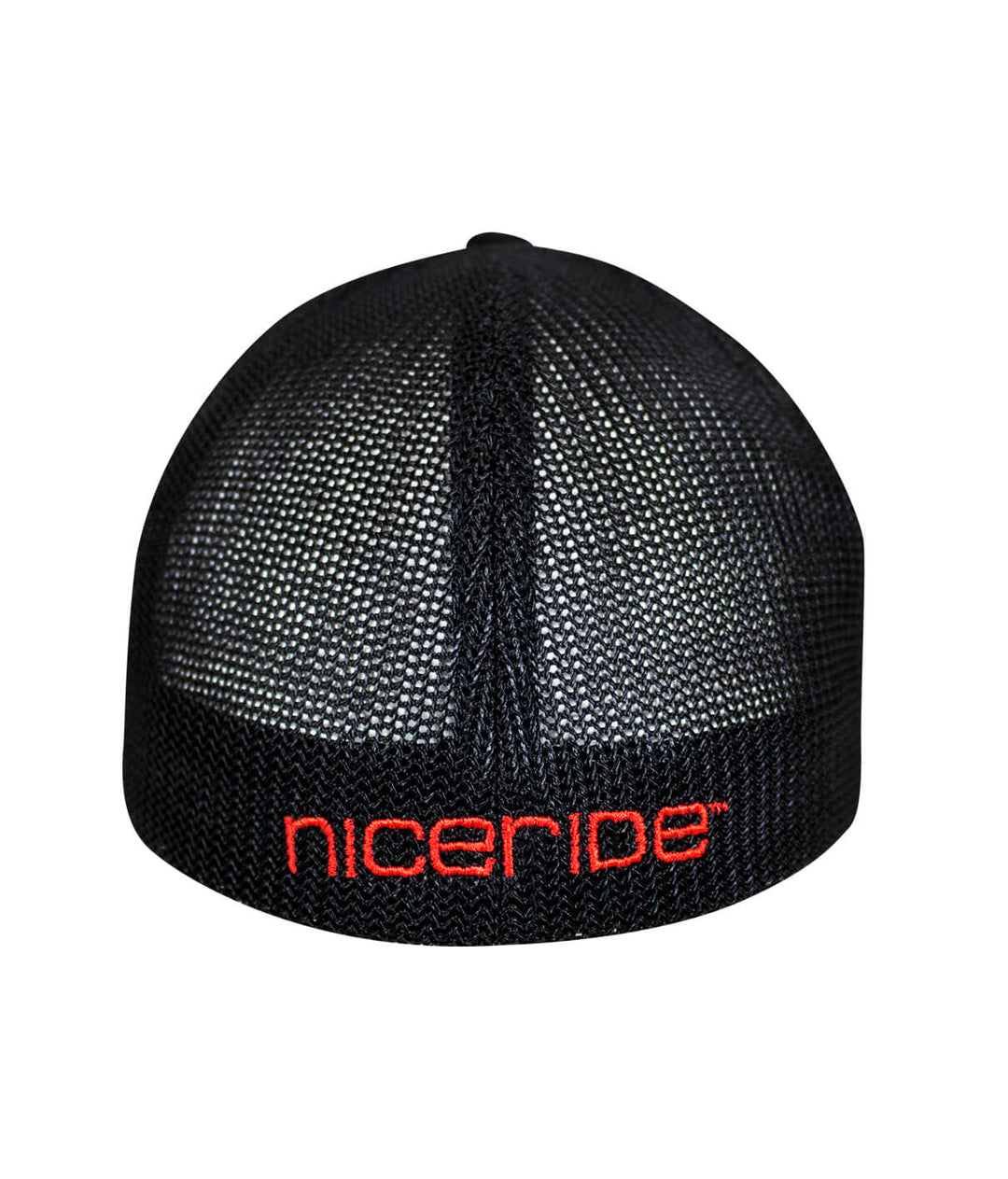 Back view of a black meshback Flexfit hat with NICERIDE embroidered logo.