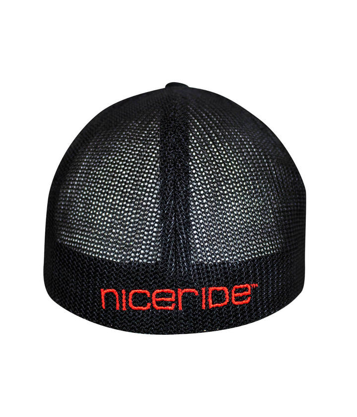 Back view of a black meshback Flexfit hat with NICERIDE embroidered logo.