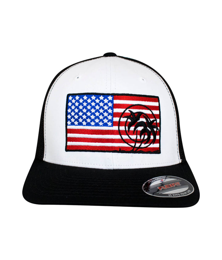 Pride Meshback Flexfit Hat featuring American flag design and NICERIDE logo on front panel.