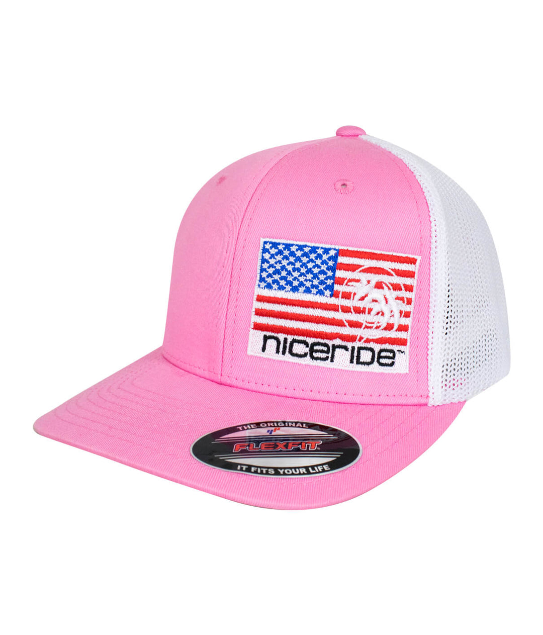 Pride - LP Meshback Flexfit Hat featuring American flag and NICERIDE logo, perfect summer hat.