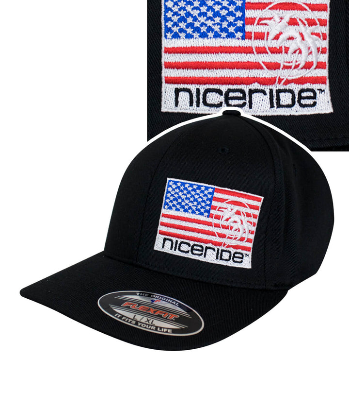 Pride - LP Classic Flexfit Hat featuring American Flag and NICERIDE embroidery on the front, ideal for hat enthusiasts.