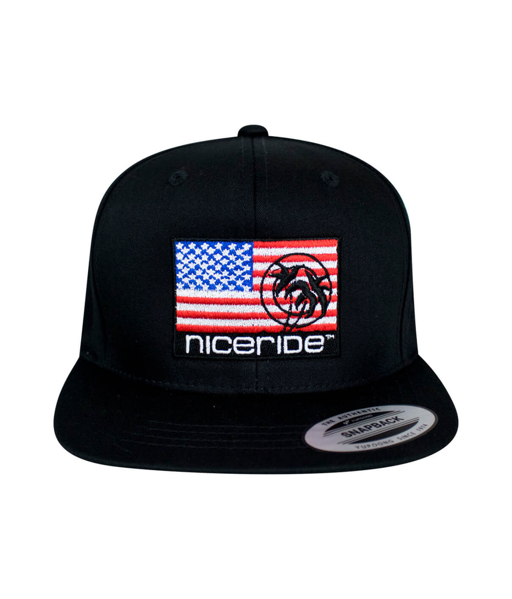 Pride youth hat featuring American flag and NICERIDE logo, classic black snapback design.