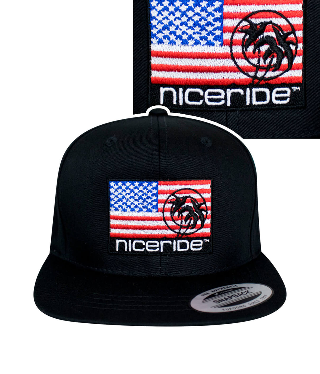 Classic Snapback Youth Hat featuring American flag and NICERIDE logo, perfect for expressing pride.