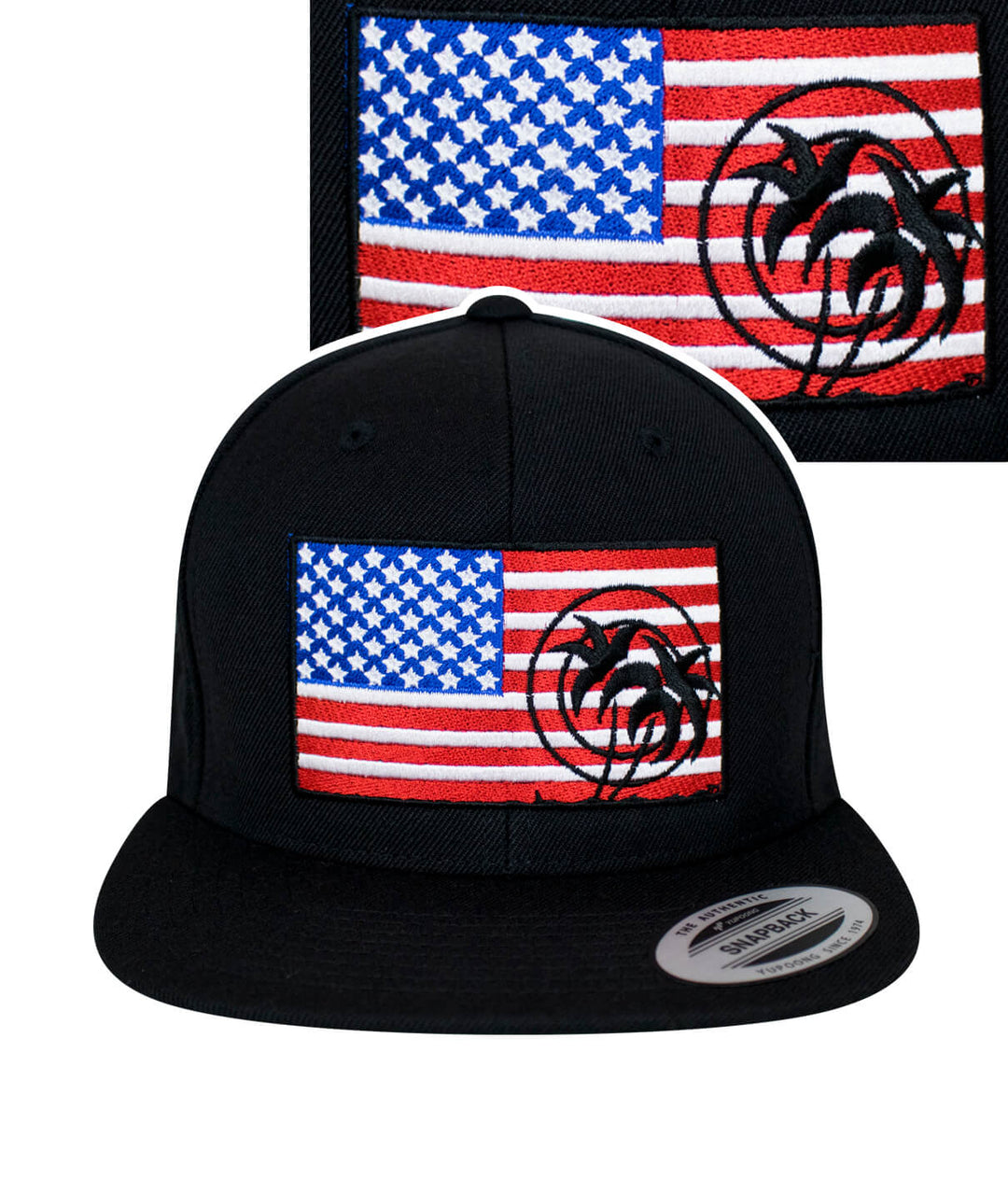 Black snapback flag hat featuring American flag and NICERIDE 'Pride' design embroidery.